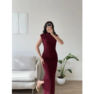 Drapeli Simli Long Elbise - BORDO