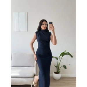 Drapeli Simli Long Elbise - LACİVERT