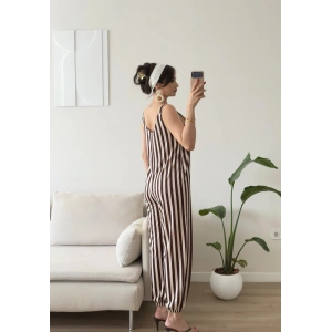 Dikine Çizgili Askılı Tulum - KAHVE