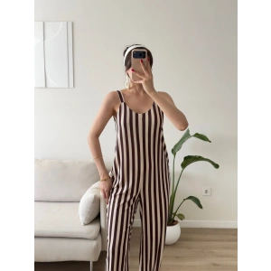 Dikine Çizgili Askılı Tulum - KAHVE