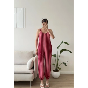 Dikine Çizgili Askılı Tulum - PEMBE
