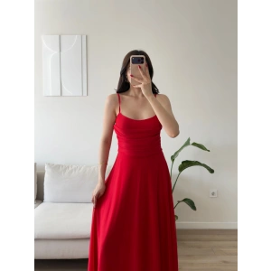 Drapeli Askılı Şifon Elbise - KIRMIZI