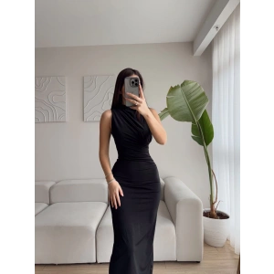 Drapeli Bel Büzgülü Elbise - SİYAH