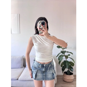 Drapeli Kolsuz Bluz - BEYAZ