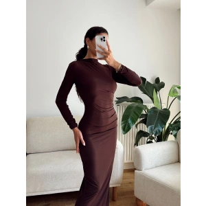 Yan Drapeli Long Elbise - KAHVE