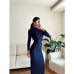 Yan Drapeli Long Elbise - LACİVERT