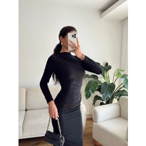 Yan Drapeli Long Elbise - SİYAH