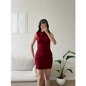 Drapeli Mini Elbise - BORDO