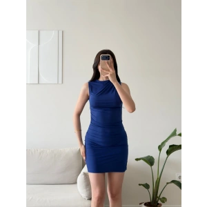 Drapeli Mini Elbise - SAKS MAVİSİ