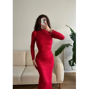 Drapeli Simli Long Elbise - KIRMIZI