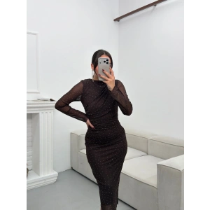 Drapeli Taşlı Tül Elbise - KAHVE