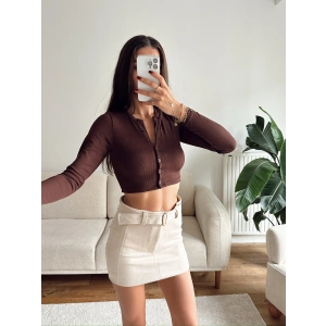 Düğme Detay Crop - KAHVE