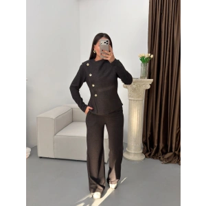 Düğmeli Asimetrik Triko Takım - ANTRASİT