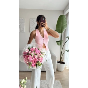 Düğmeli Crop Yelek-PEMBE