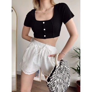 Düğmeli Kaşkorse Crop-SİYAH