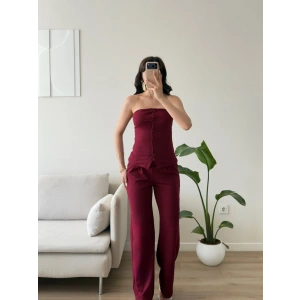 Düğmeli Straplez İkili Takım - BORDO