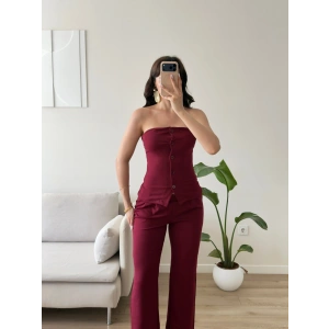 Düğmeli Straplez İkili Takım - BORDO