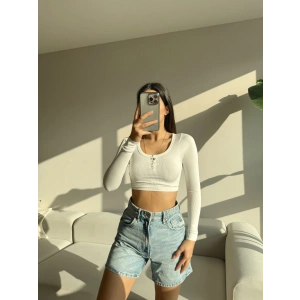 Düğmeli Yaka Kaşkorse Crop Bluz-BEYAZ