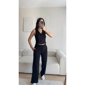 Düğmeli Yelek & Pantolon Takım - SİYAH