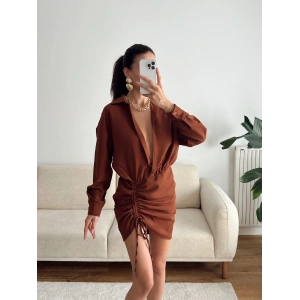 Eteği Büzgülü Gömlek Elbise - KAHVE