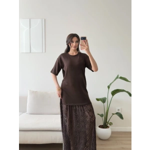 Eteği Dantel Kısa Kol Elbise - KAHVE