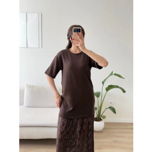 Eteği Dantel Kısa Kol Elbise - KAHVE