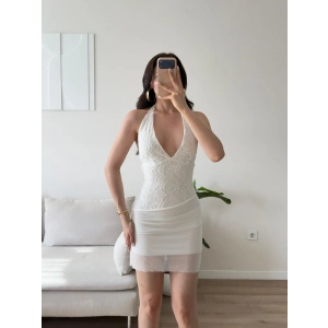 Eteği Tül Halter Elbise - BEYAZ