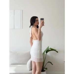 Eteği Tül Halter Elbise - BEYAZ
