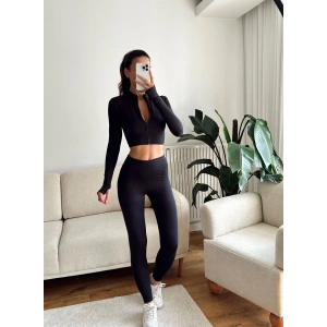 Fermuar Crop & Taytlı İkili Takım - SİYAH