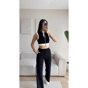 Fermuar Crop Yan Şerit İkili Takım - SİYAH
