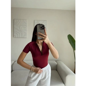 Fermuar Detay Biyeli Crop - BORDO