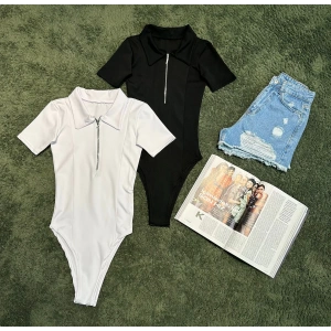 Fermuar Polo Yaka Bodysuit
