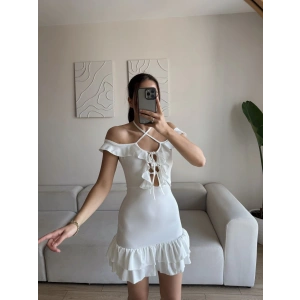 Fırfırlı Madonna Yaka Elbise - BEYAZ