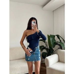 Fırfırlı Tek Omuz Bodysuit - LACİVERT