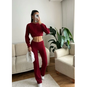 Fitilli Crop & Pantolon Takım - BORDO