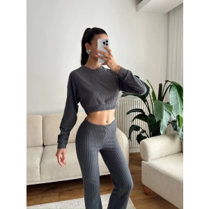 Fitilli Crop & Pantolon Takım - FÜME