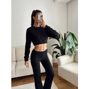 Fitilli Crop & Pantolon Takım - SİYAH
