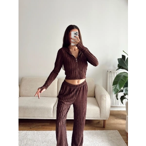 Fitilli Kapüşonlu Crop & Pantolon Takım - KAHVE