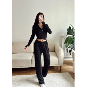 Fitilli Kapüşonlu Crop & Pantolon Takım - SİYAH