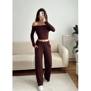 Fitilli Madonna Crop & Pantolon Takım - KAHVE