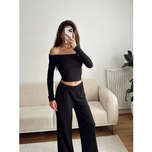 Fitilli Madonna Crop & Pantolon Takım - SİYAH