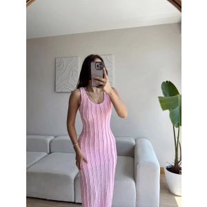 Fitilli Sırt Dekolte Elbise - PEMBE