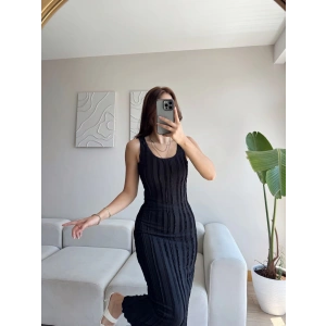 Fitilli Sırt Dekolte Elbise - SİYAH