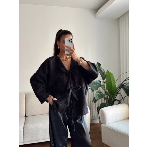 Fiyonklu Kırçıllı Ceket - SİYAH