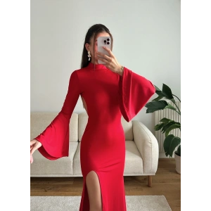 Flare Sırt Maxi Uzun Elbise - KIRMIZI