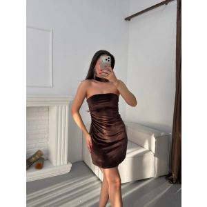 Flarlı Straplez Elbise - KAHVE