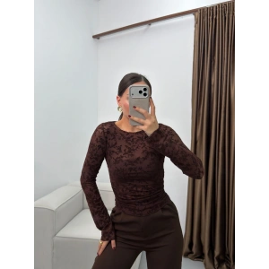 Floklu Dantel Bluz - KAHVE