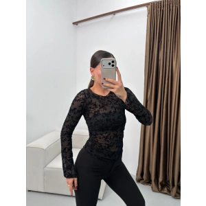 Floklu Dantel Bluz - SİYAH