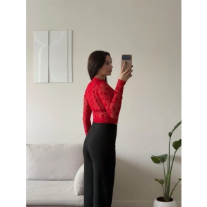 Floral Desen Tül Bluz - KIRMIZI