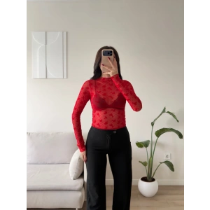 Floral Desen Tül Bluz - KIRMIZI